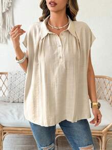 Flirla Blusa elegante y casual de talla grande para mujer, cómoda y holgada, de estilo minimalista y liso, con cuello y media cartera, adecuada para primavera, verano, uso diario y vacaciones