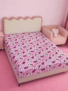 HELLO KITTY AND FRIENDS | SHEIN Bowknot Pattern Fitted Sheet, Warm And Soft, Suitable For All Seasons, Fits Various Bed Sizes - Pink - View 4