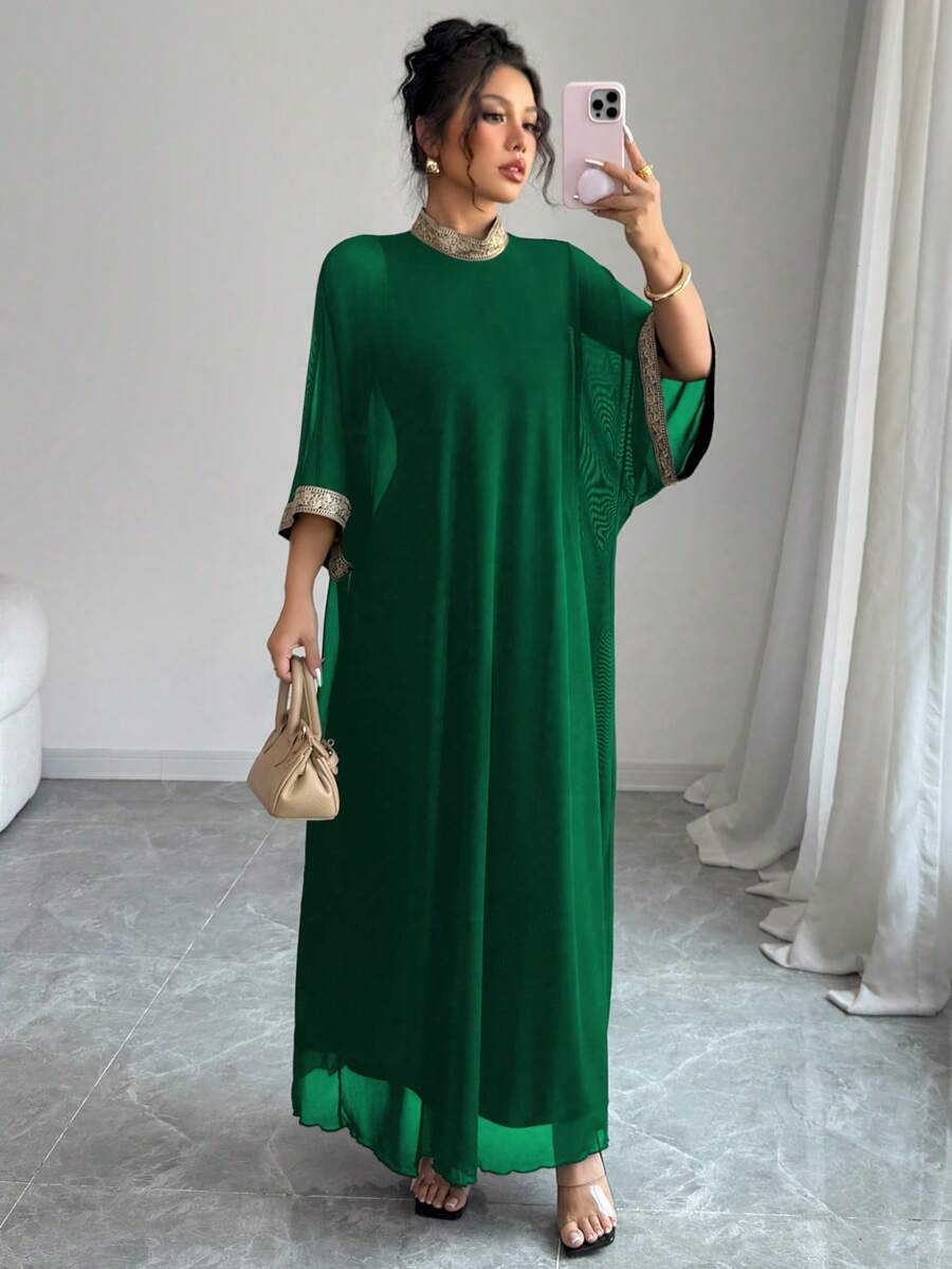 Elenzga Women's Elegant Woven Ribbon Decor Batwing Sleeve Dress - Green - View 1