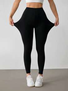 SHEIN PETITE 女士纯色高腰弹力休闲运动裤 - 黑色 - 查看 6