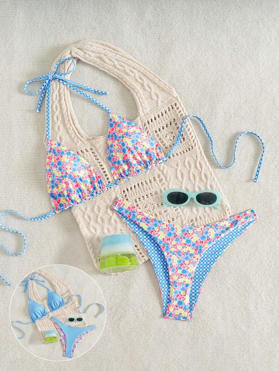 Swim Mod Springbreak Women Beach Swimwear Summer Outfits For Women: Cute Sexy Fashion Printed Reversible Triangle Bikini Set With Side-Tie Swimming Shorts, Adjustable 2 Pieces Beach Resort Outfit, Festival Boho - Multicolor - View 1