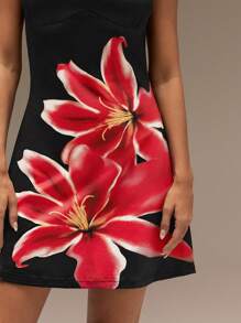 SHEIN Forever 21 Damen Sommerkleid mit Blume Muster, rundem Ausschnitt, ärmellos, Lässig Beach Mini Kleid - Schwarz - Übersicht 3