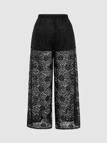 SHEIN MOD Plus Size Black Romantic Elegant Lace Jacquard Wide Leg Pants, Casual Vacation Trousers. . Pants Outfits For Women Boho Pants