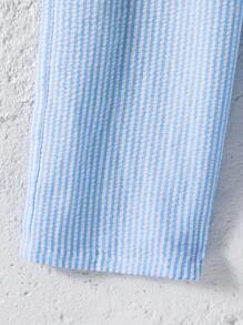 SHEIN 2 Stücke Set für Tween Mädchen: Ärmelloses gestreiftes Hemd mit Schleifenknopf und verlängerte Hose