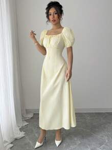 Modelyn 法式优雅方领收腰长裙 - 黃色 - 查看 5