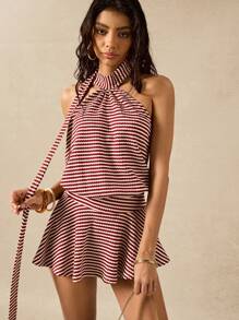 SHEIN EZwear 连衣裙 条纹挂脖长连衣裙 - 紅白色 - 查看 5