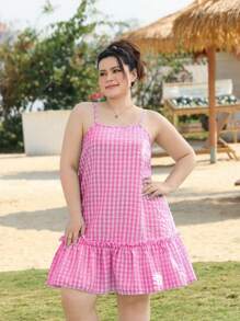 SHEIN EZwear Váy ngủ dài màu xanh kẻ sọc mùa xuân cỡ lớn cho kỳ nghỉ - Hồng - Xem 4