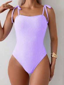 SHEIN Swim 1pc Women's Beach Vacation Stripe Pattern Spaghetti Strap Swimsuit For Summer - Mauve Purple - View 4