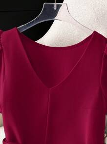 Franclia 女士勃艮第酒红色优雅简约 V 领衬衫，无腰带 - 酒紅色 - 查看 3