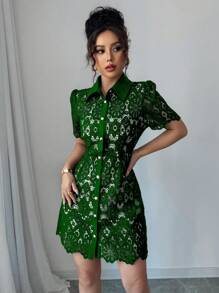 Elenzga Women's Elegant Solid Color Front Button Short Sleeve Dress, Summer - Green - View 5