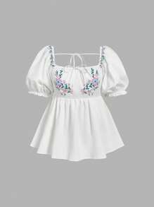 SHEIN MOD Plus Size Sweet Daily Ruffled Puff Sleeve Bow Collar Summer Women Top, School , Cute , Fall, Casual Bohemian Romantic Holiday Blouse - White - View 1