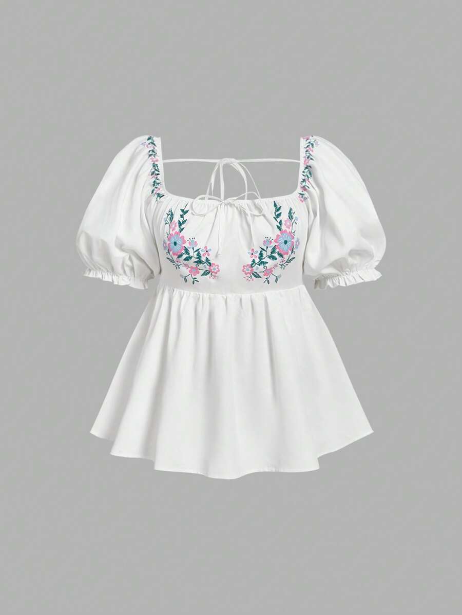 SHEIN MOD Plus Size Sweet Daily Ruffled Puff Sleeve Bow Collar Summer Women Top, School , Cute , Fall, Casual Bohemian Romantic Holiday Blouse - White - View 1
