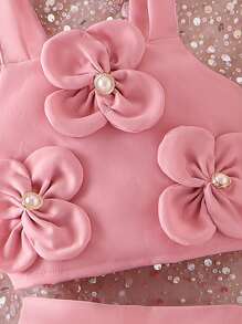 2 件套女童粉色四瓣花无袖短款吊带背心和短裤裙，活泼优雅的夏日度假装 - 粉色 - 查看 6