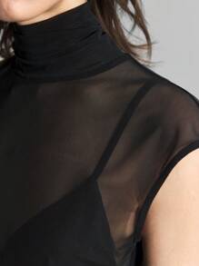 Ontre 2025 Spring Summer Women's Simple Solid Mesh Sheer Mock Neck Sleeveless T-Shirt/Camisole Tank Top/Vest, Black See-Through Summer Top, Elegant & Sexy,See Through Top,Christmas, New Year - Black - View 4