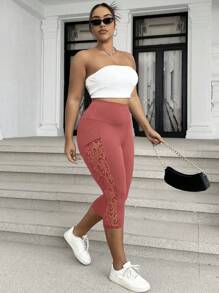 Calvaya Lace Patchwork Tight Leggings, Solid Color Fashion, Suitable For Summer - Dusty Pink - View 4