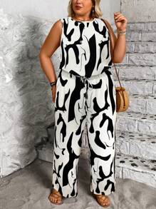 Breezaya 大码女式度假图案印花腰系带无袖阔腿连体裤