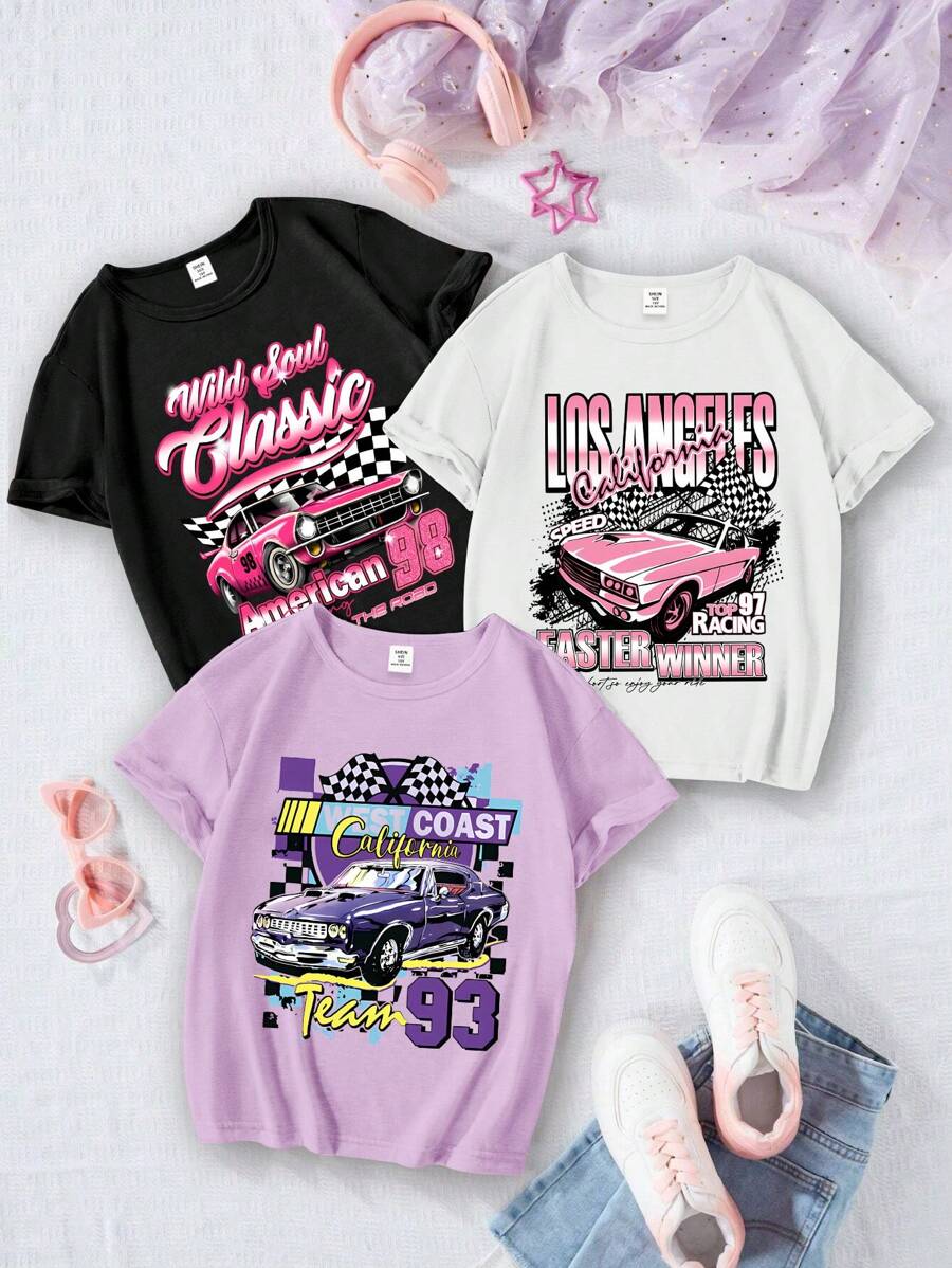 3pcs/Set Tween Girl Race Car Print Casual Crew Neck Knitted T-Shirts, School, Campus, College