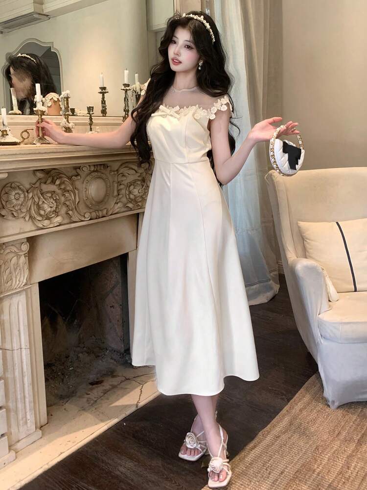 Patchwork Round Neck Sleeveless Long Dress For Women, Milkmaid Dress, Ruffle Dress