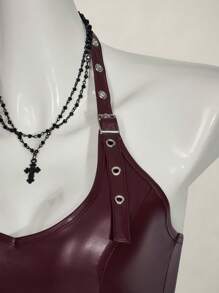 SHEIN ICON Women's Solid Color Minimalist Sleeveless Spaghetti Strap Backless PU Leather Y2K Holiday Party New Year Crop Top, Casual Everyday Wear, Wine Red,Rave Top