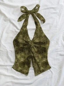 Soleia Modisches, sexy Neckholder-Camisole mit Knotensaum und Schlitz, offener Rückseite, geeignet für den Sommer, Vintage-Paisley-Print, Rave-Top - Verschiedenfarbig - Übersicht 7