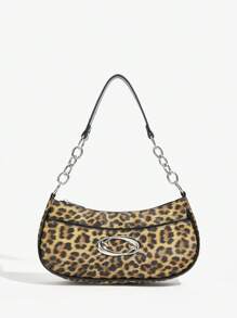 SHEIN ICON Bolso de hombro rojo con estampado de leopardo y patchwork, bolso tipo hobo, moda vintage y urbana para mujer