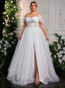 Glamrae Váy cưới chữ A hở vai thêu lưới màu trắng thanh lịch lãng mạn cỡ lớn, váy cưới, cô dâu - trắng - Xem 6