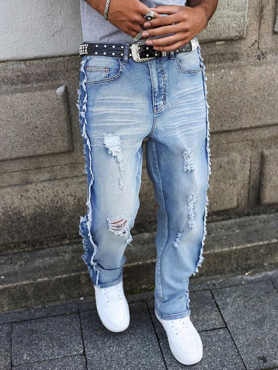 Manfinity EMRG Men's Pocket Distressed Frayed Edge Straight Leg Casual Jeans - Blue - View 1