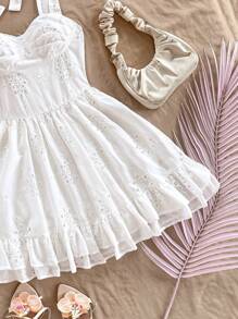 SHEIN WYWH Váy mini bó sát viền bèo nhún buộc dây xuân/hè mới - trắng - Xem 3
