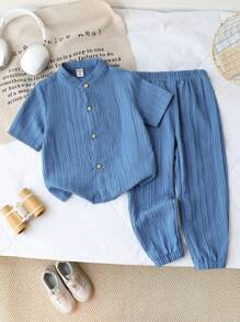 SHEIN 2 件套年轻男孩休闲韩版短袖衬衫和锥形裤套装，适合日常穿着，春夏季 - 藍色 - 查看 4