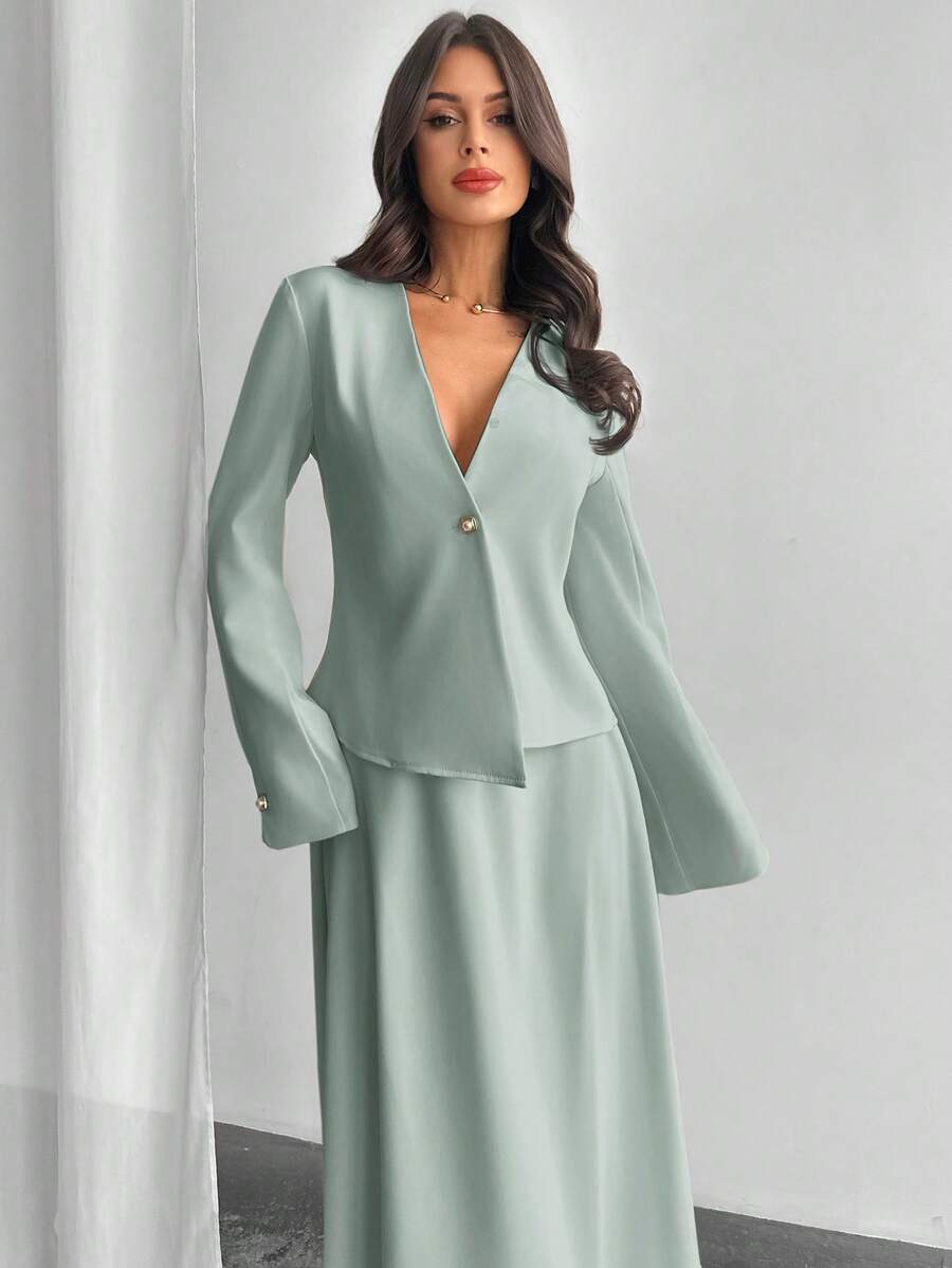 Firerie 西装外套和 A 字裙两件套西装套装，简约时尚，适合夏季商务休闲女士 - 薄荷藍 - 查看 1