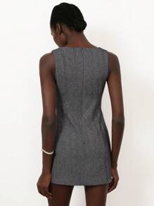 Aveloria Modichic Vestido Curto Linha-A Decorativo Colete com Fivela de Metal Muito Cravejada de Strass, Estilo Francês de Moda, Colarinho Vazado - Cinza - Visão 5