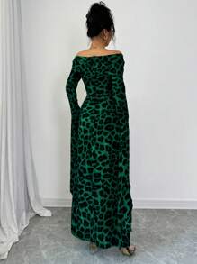 Elenzga 女士豹纹露肩超长袖优雅连衣裙长款女装