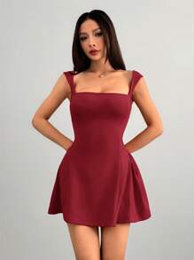 SHEIN PETITE Women's Date Party Solid Color Red Mini A-Plump Square Neck Sexy And Elegant Waist Bud Dress,Summer Dresses For Women