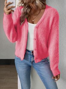 Calvaya Solid Color Front Button V-Neck Elegant Mink Hair Cardigan With Short Length, Long Sleeve Fall Winter Cloth For Women - Watermelon Pink - View 5
