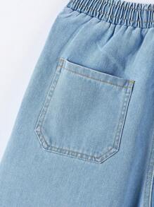 SHEIN Teen Boys' Vintage Campus Style Elastic Waist Loose Casual Comfortable Washed Dark Blue Denim Shorts - Light Wash - View 6