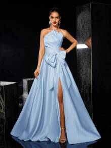 Glamrae Elegant Romantic Satin Asymmetrical Ruched Bustier Maxi Dress With Oversized Bow Decor & High Slit, Suitable For Evenings, Parties, Dates, Gala, Formal, Party Dress, Gown, For Wedding Guest - Baby Blue - View 6