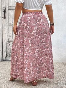 SHEIN VCAY Plus Size Women Vacation Elastic Waist Slit Hem Ditsy Floral Skirt - Multicolor - View 2