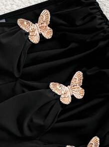 Swim Basics Women's Black Crinkle Ruched Butterfly Decor Swim Bottoms, Sexy & Stylish Skirt, Summer - Black - View 4