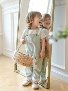 SHEIN Baby Girl Spring/Summer Mint Green Casual Pants, Ditsy Floral Patched Ankles, Countryside Style Jumpsuit - Mint Green - View 3