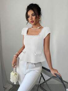 Elenzga Women Spring/Summer Resort Bohemian Square Neck Faux Pearl Beaded Blouse