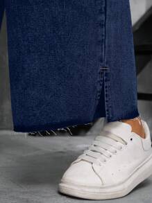 SHEIN SXY Plus Size Women High Waisted Non-Stretch Denim Wide Leg Pants With Side Slit Summer Outfits For Women Festival Outfits - Light Wash - View 3