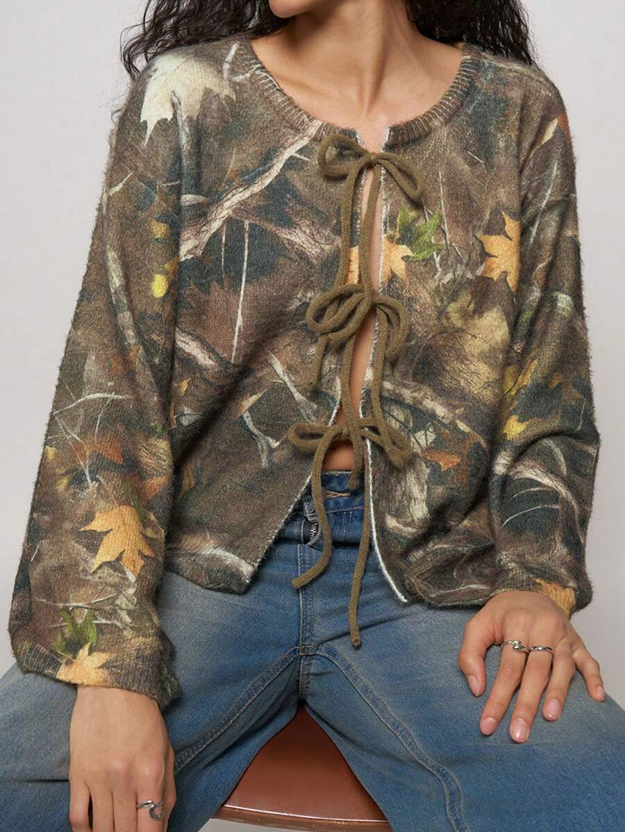 SHEIN EZwear 女士全印花针织长袖开衫、通勤、简约、办公室装 - 彩色 - 查看 1