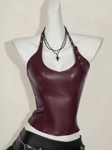 SHEIN ICON Women's Solid Color Minimalist Sleeveless Spaghetti Strap Backless PU Leather Y2K Holiday Party New Year Crop Top, Casual Everyday Wear, Wine Red,Rave Top