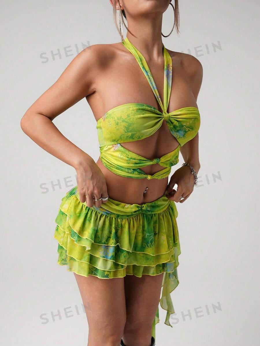SHEIN ICON Conjunto de 2 piezas con top corto halter sexy con giro y abertura + falda de volantes de estilo pastel, en estilo Y2K