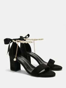 CUCCOO CURVES Women's Plus Size Black Strap Faux Pearl Chain Ankle Strap Comfortable Classic Peep Toe High Heel Sandals, Wide Fit - Black - View 2