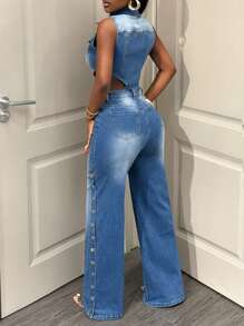 BamGleam 无袖牛仔连体裤，新款夏季时尚简约镂空美式阔腿宽松长款连体裤 - 藍色 - 查看 2
