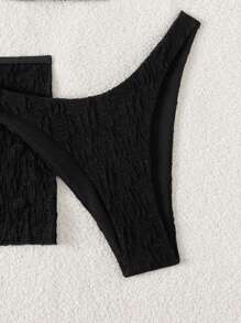 SHEIN Swim 3件套女士纯色泳衣套装，适合度假和海滩 - 黑色 - 查看 8