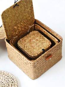 1pc Handwoven Storage Basket With Lid, Boho Style Desktop Storage Box, Multifunctional Hanging Container For Kitchen, Bathroom, Bedroom, Living Room, Office, Home Decor, Kitchen Accessories, Halloween, Christmas, Geometric Woven Boho Baskets, Wood Rattan Plant Pot Holders, Natural Mix Rope Decor For Coastal Vibes Outdoor Spaces - Mocha Brown - View 7