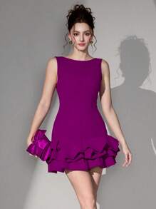 Poshira 女士短款针织露背镂空鸡尾酒会礼服、派对礼服、舞会礼服 - 中紫紅色 - 查看 5