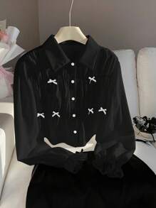 Comfortcana Plus Size Women 3D Bow Long Sleeve Short Blouse, Spring/Summer - Black - View 1